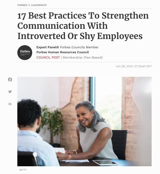 jsud's tweet photo. Another great #listicle from @ForbesHRCouncil: "17 Best Practices To Strengthen Communication With Introverted Or Shy Employees," w/ input from our team's Hazel Kassu. https://t.co/tzJl8CbiRA #sudduthsearch #hr #thoughtleadership https://t.co/hG8PuPJAQj