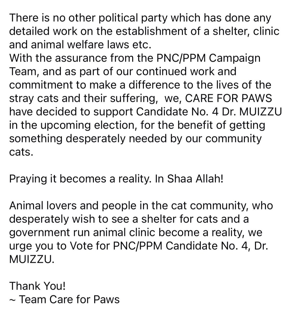 Reference  :  Page 36. Section 12.25   
                     of the PNC/PPM Manifesto 
Website :   https:  //vote4muizzu.com/

ANIMAL WELFARE is included in the Manifesto of Presidential Candidate No. 4, Dr. MUIZZU.  

<a href="/MMuizzu/">Dr Mohamed Muizzu</a> <a href="/MaleCitymv/">Malé City Council</a> <a href="/ProgresPartyMv/">PPM OFFICIAL</a> <a href="/mvpeoplesmajlis/">People's Majlis</a>