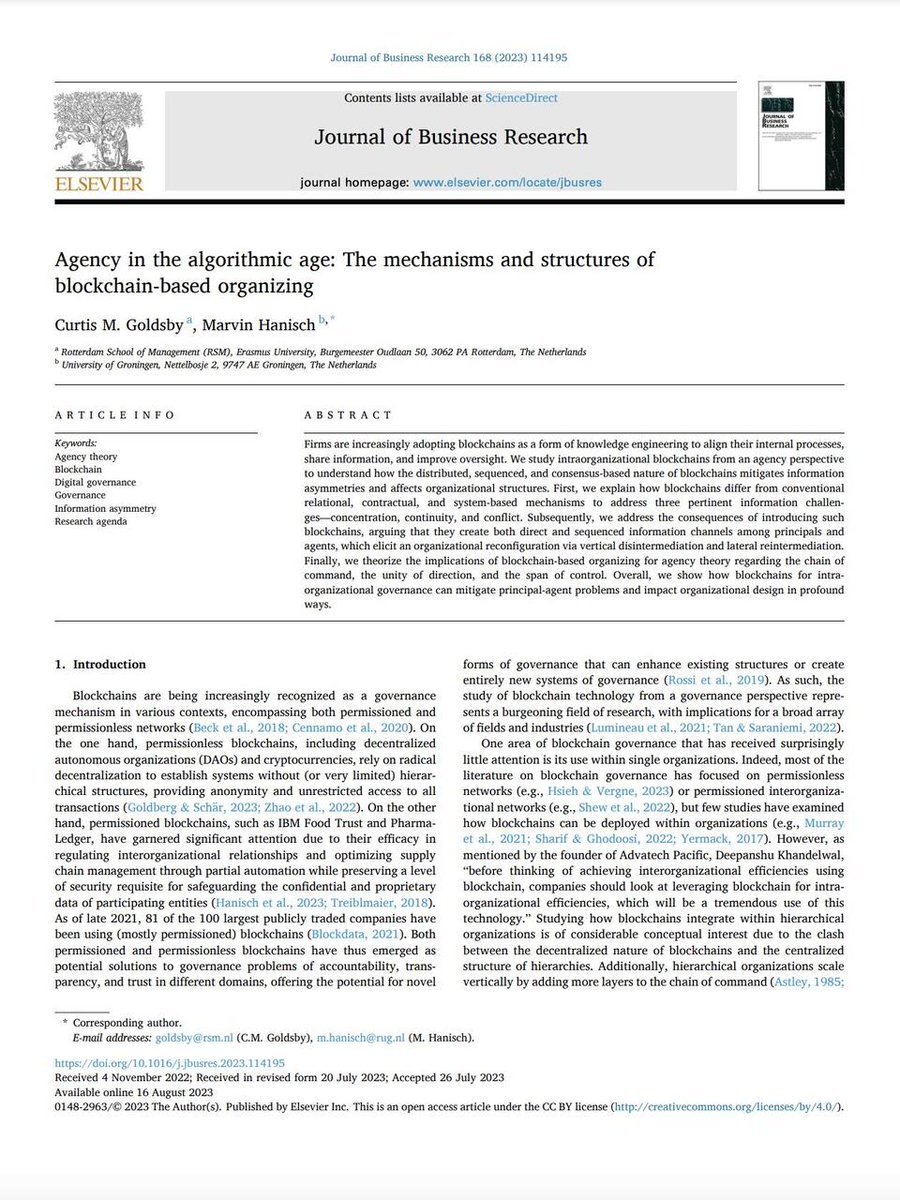 Thrilled to share our latest #publication in the Journal of Business Research!

In this paper, Marvin Hanisch and I explore the role of #blockchains in enhancing #governance inside organizations. Read more here: doi.org/10.1016/j.jbus…