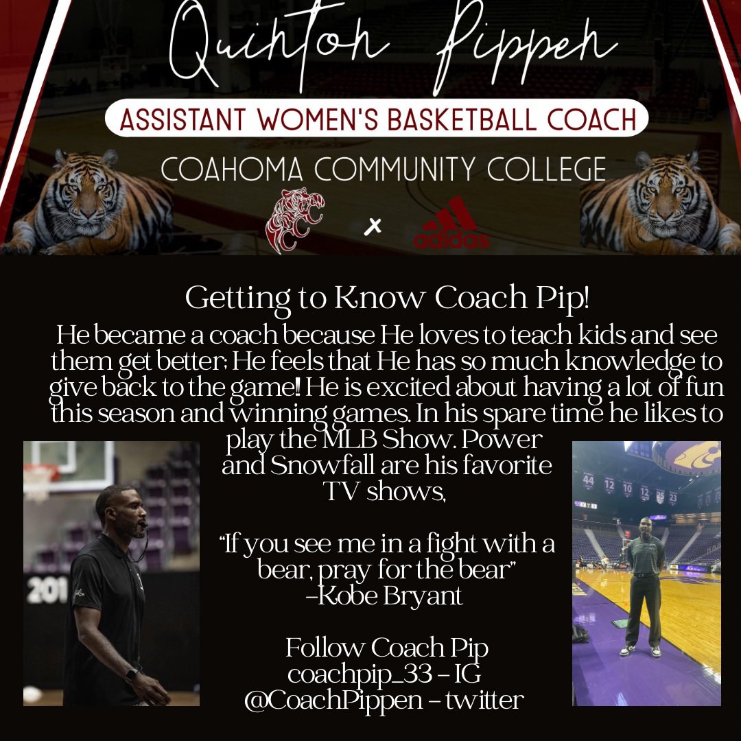 cccladyhoops's tweet photo. 🚨GETTING TO KNOW OUR FAVORITE ASSISTANT, COACH PIP 🚨 He’s the life of the party, our hype man, and keeps the team on their toes! Follow his social media pages and keep up with what he and the Lady Tigers have going 🏀🐅🤍 #CoachPip #CoachDrip #BestACinTheCountry @CoachPippen https://t.co/zI7ZQ9LekW