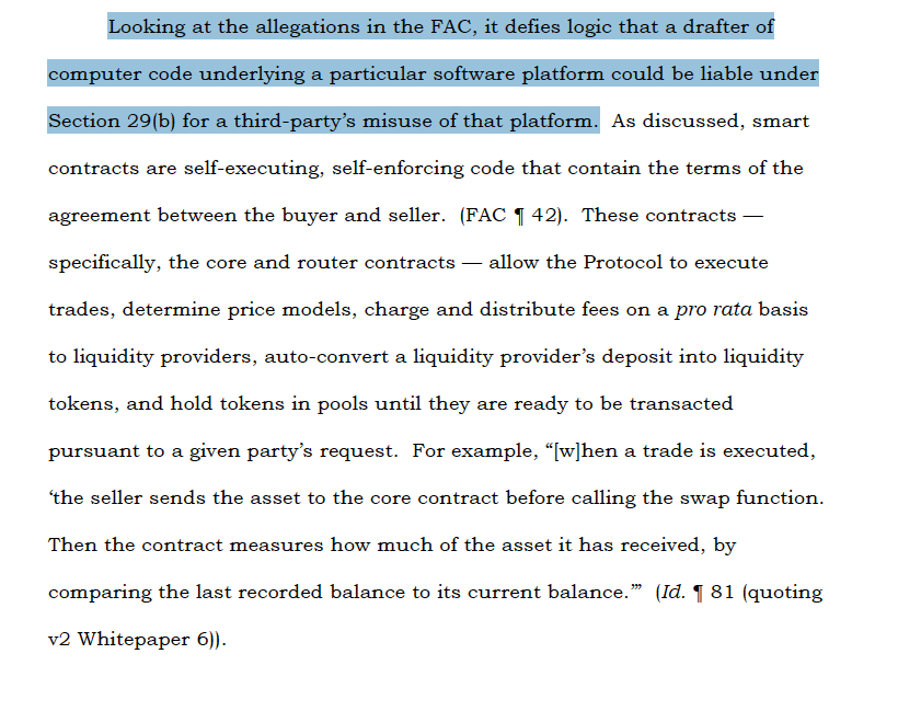 Another day, another nice court citation for crypto!

Today, the class action lawsuit against <a href="/Uniswap/">Uniswap Labs 🦄</a> and others was dismissed

Why? In part because misuse of software doesn't itself create liability for the devs