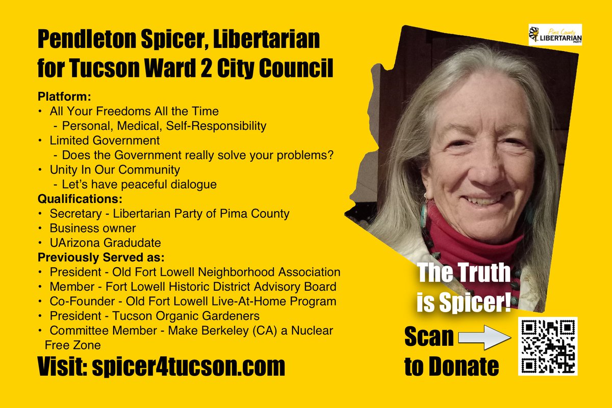 Arizona_LP's tweet image. TOMORROW IS A BIG DAY!

The Pima County LP  is holding its quarterly social and Celebrating the birthday of @LPNational!

This is an opportunity to meet your candidates! Arthur Kerschen for Tucson mayor and Pendleton Spicer for Ward 2 City Council! Come down or up to Ritz Carlton…
