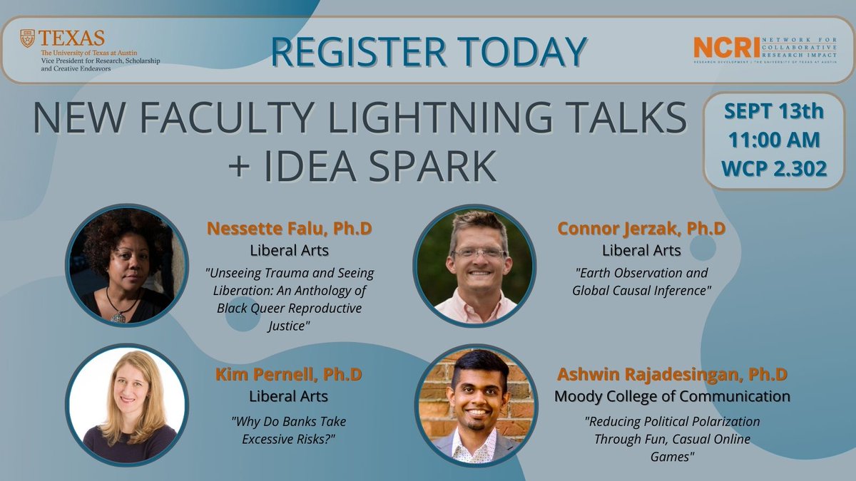 Join us for the next Lightning Talk on Sept. 13! You’ll hear from an eclectic mix of new faculty researchers and participate in “Idea Spark” to build interdisciplinary connections with colleagues from across campus. Lunch will be provided. RSVP/details: bit.ly/45lt767