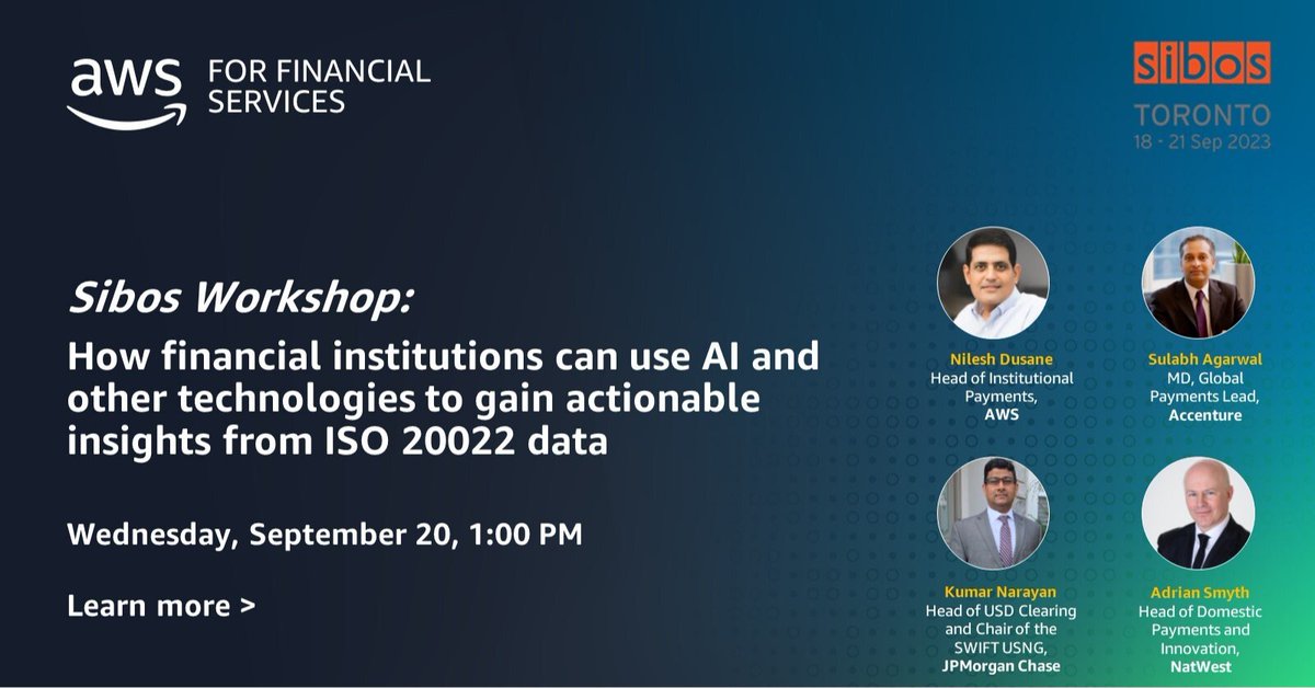 Join #AWS session at #Sibos2023 with thought leaders from <a href="/Accenture/">Accenture</a>, <a href="/NatWest/">NatWest</a>, and @JPMorganChase to discuss how #machinelearning, #generativeAI, and other innovative technologies can deliver intelligence from #ISO20022 data. bit.ly/3PhOCzr