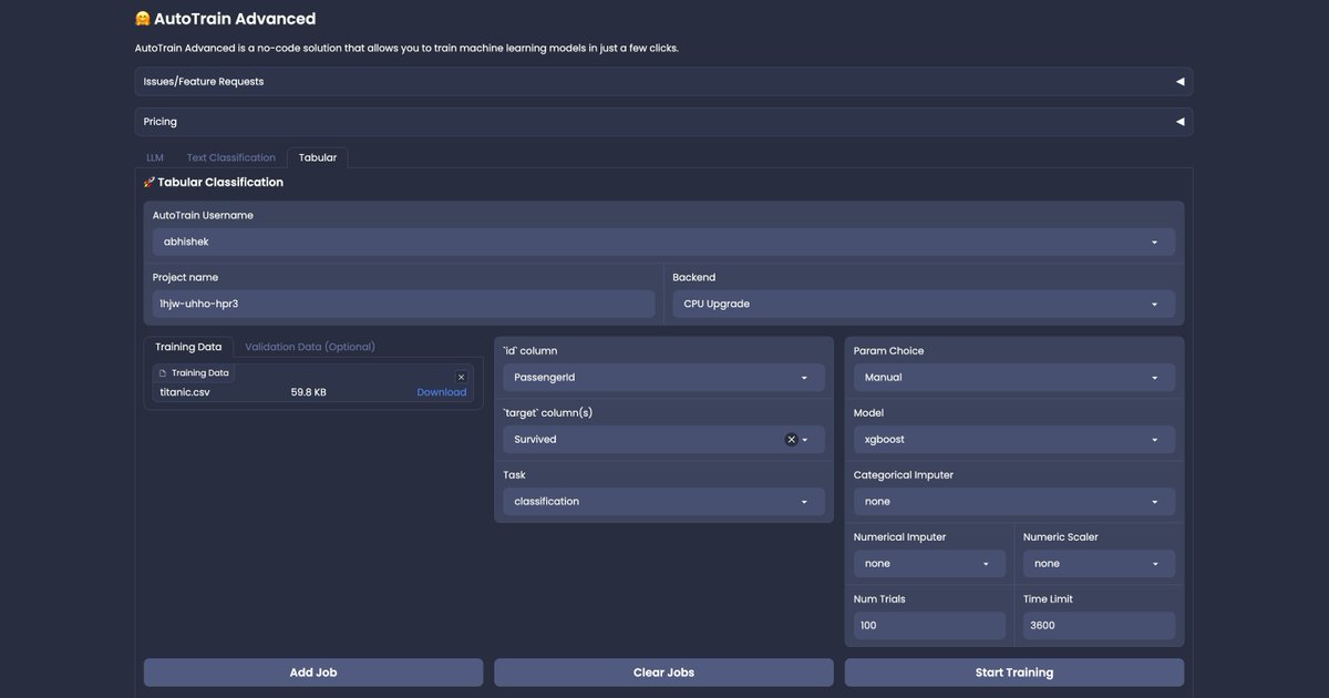 Although everyone these days is doing LLMs or trying to do LLMs, most of the industries still work with tabular data and will continue doing so! Today, we are launching a hassle-free, no-code and free training for Tabular Data w/ AutoTrain Advanced! 🚀 Here's how to use it! 1/N