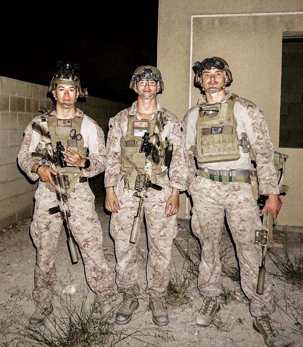 DevilDogGraphix's tweet photo. Cpl. Hunter Lopez, HM3 Max Soviak and Cpl. Daegan Page, assigned to 2/1, while serving in Kabul, Afghanistan. All three men lost their lives during the suicide bombing at the Kabul airport, on August 26, 2021. (Photo courtesy of Max Soviak’s Instagram) #USMC #Kabul #NeverForget https://t.co/UmunGpcsSz