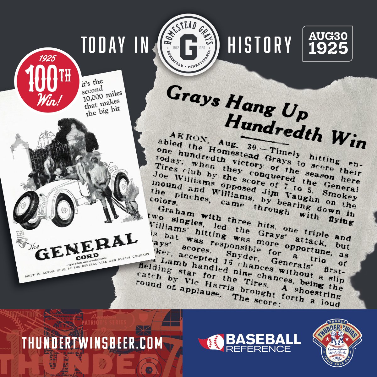 BL_ASHE's tweet photo. On this date in #HomesteadGrays History sponsored by @baseball_ref. 8.30.1925 Led by Smokey Joe Williams, the Grays copped their 100th win of the season against the @General_Tire company team in #Akron. Help tell #NegroLeagues History https://t.co/82SrOXk2JO #PintswithPurpose https://t.co/5CekUbqAtQ