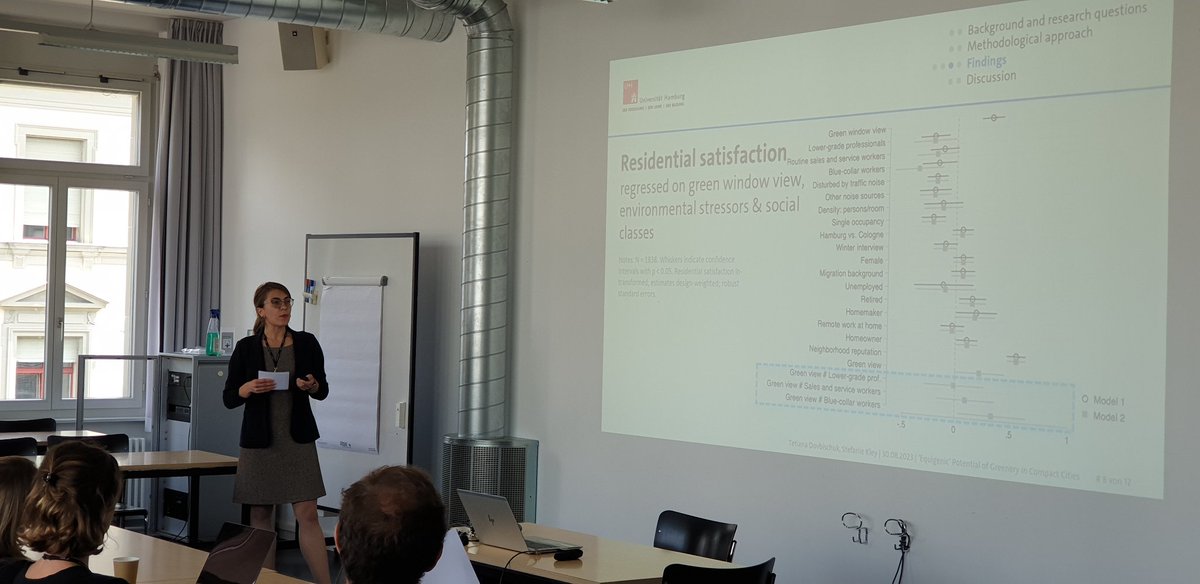 akadsoz's tweet image. Satisfaction &amp;amp; natural environment:
Lower-class citizens benefit more from green window views in their neighborhood than upper-class citizens, Tetiana Dovbischuk show based on unique survey data from 2 GER cities  - at our #AS2023 @unibern conference.