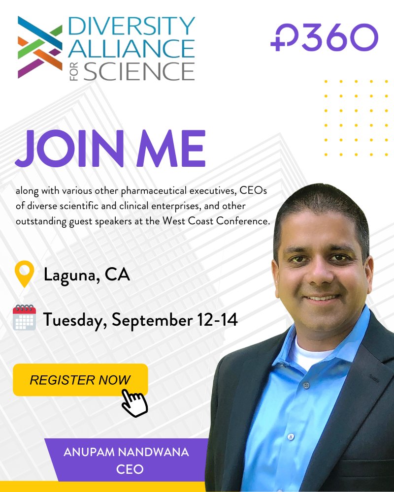 P360_Solutions's tweet photo. Connect with our CEO Anupam Nandwana and other life science industry experts, mentors and leaders at the upcoming Diversity Alliance for Science West Coast Conference.
#DiversityAllianceforScience #LifeScienceConference #InnovationInScience #IndustryLeaders #NetworkingOpportunity https://t.co/82WTFukjaf