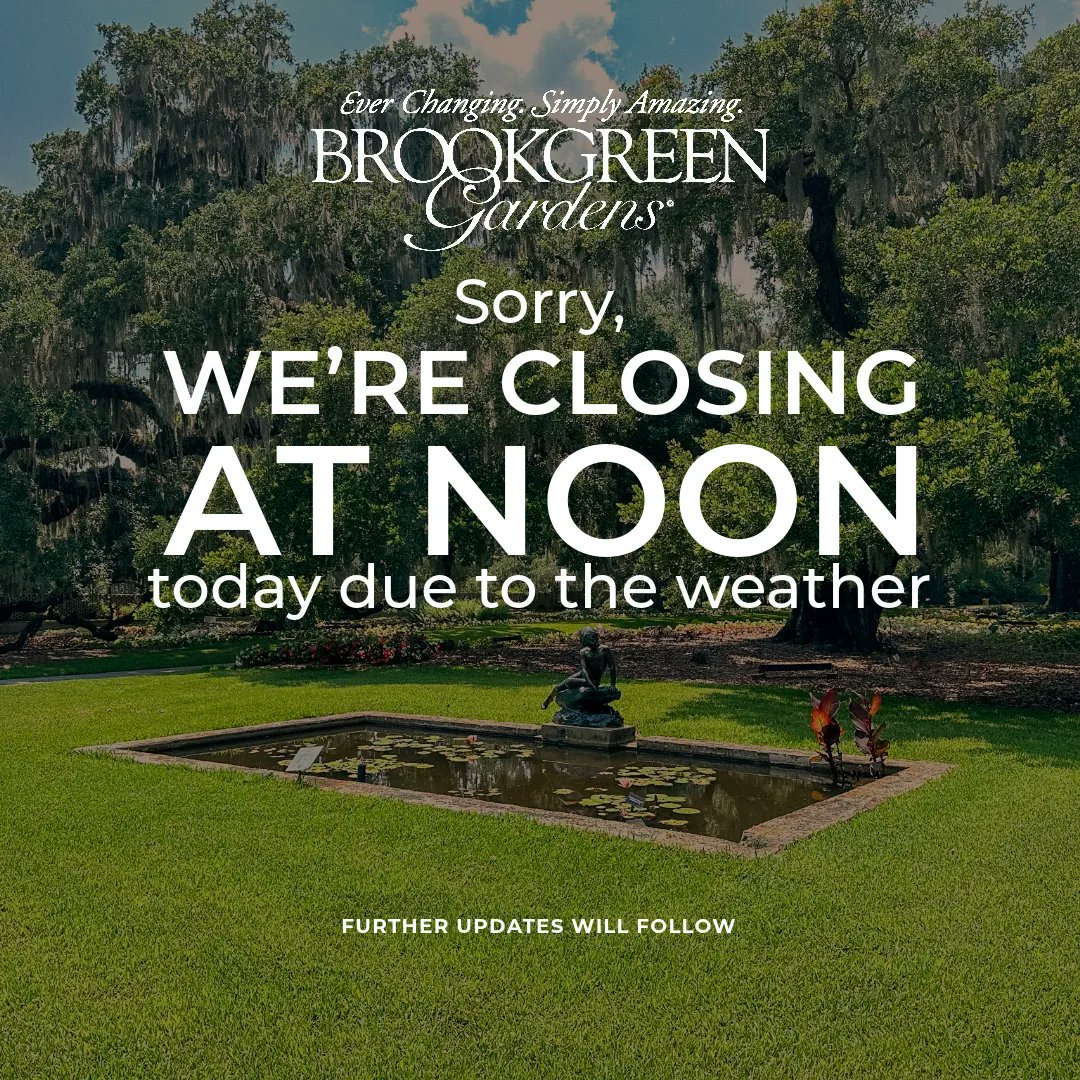 We will be closing at noon today (8/30) due to weather. We will keep you updated on any further hour changes. Stay safe! #BrookgreenGarden #Brookgreen #WeatherUpdate #ClosureUpdate #StaySafe