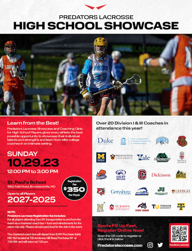 Are you ready for it?🔥Predators Lacrosse Annual High School Showcase registration just opened up &amp; it’s open to all boys players in the 2025-2027 age groups. 
Over 20 of the top DI &amp; DIII schools will be in attendance! Don’t miss out on this amazing opportunity!