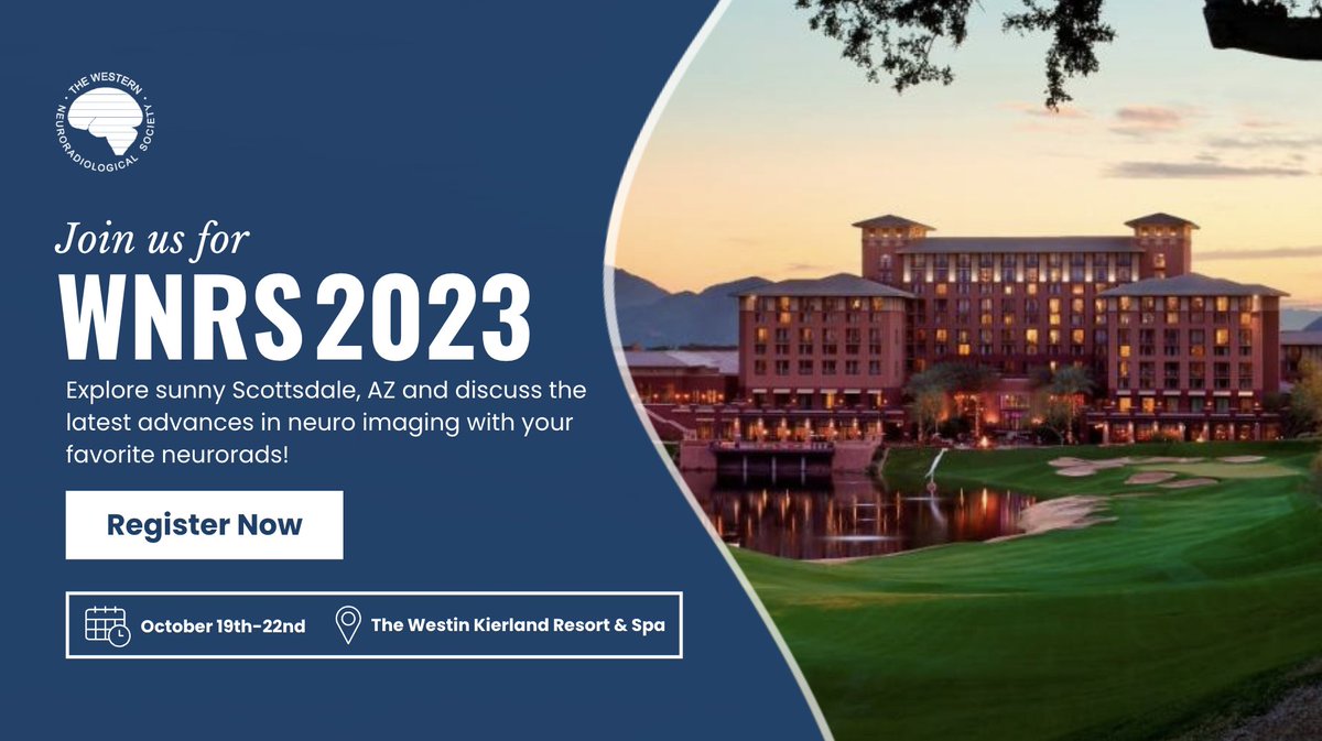 The Western Neuroradiological Society (@wnrsociety) on Twitter photo Registration is open for #WNRS2023 🎉 Join us October 19th-22nd in sunny Scottsdale, AZ for an exceptional meeting organized by <a href="/WendeNGibbs/">Wende Gibbs</a>! Explore Arizona, get your golf on, & get up to date on the latest innovations within #neuroimaging: wnrs.org/wnrs-2023
#NeuroRad Registration is open for #WNRS2023 🎉 Join us October 19th-22nd in sunny Scottsdale, AZ for an exceptional meeting organized by <a href="/WendeNGibbs/">Wende Gibbs</a>! Explore Arizona, get your golf on, & get up to date on the latest innovations within #neuroimaging: wnrs.org/wnrs-2023
#NeuroRad
