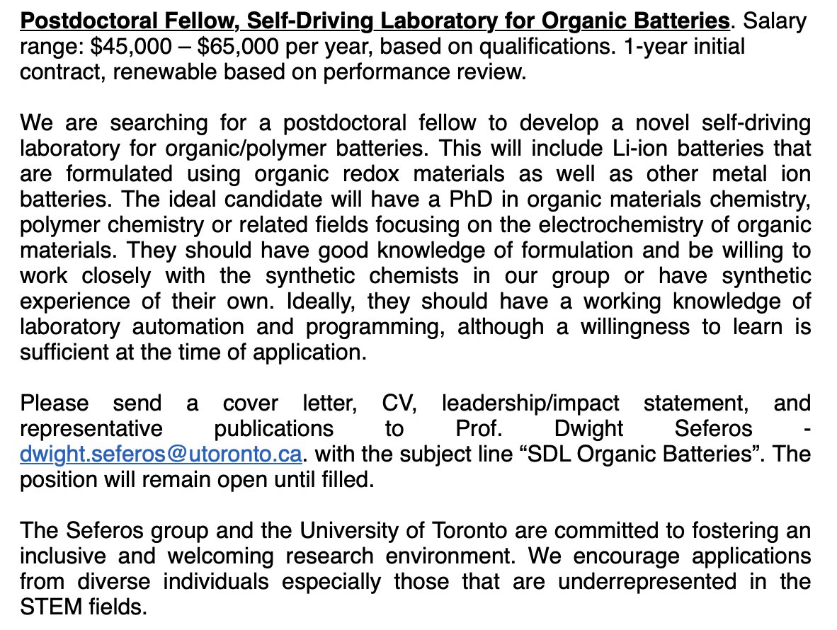 Our group is looking for a postdoc to develop a self-driving laboratory for organic/polymer batteries. Please RT and apply if you’re interested in joining our team! #postdoc #postdocposition