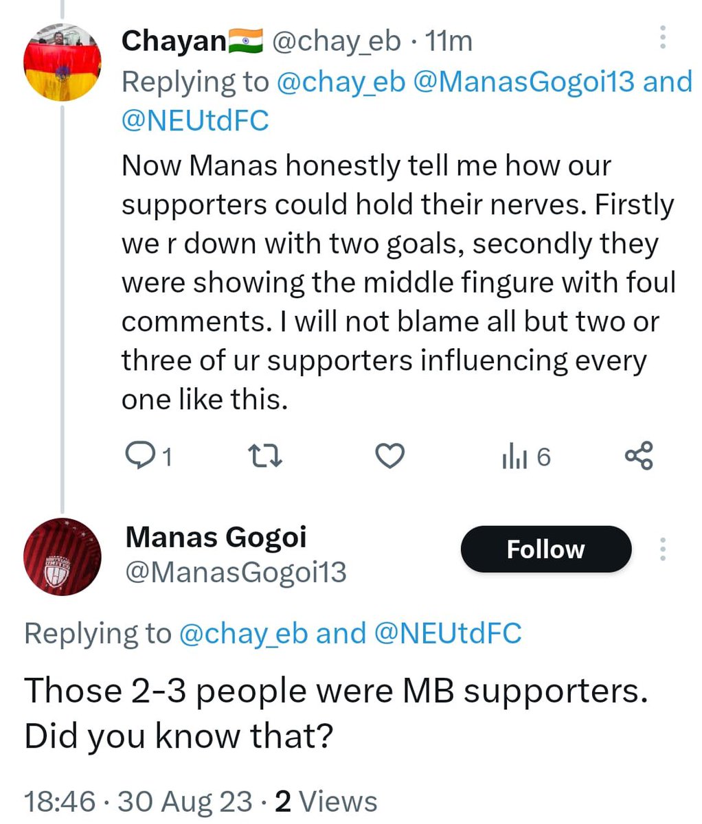 The people who instigated our supporters and hurled racial abuses to us in the very first place were actually from our rival club as shared by a fellow NEUFC fan. 

@EB1920_Tweets @TORCH__BEARERS @ebfchistory @Suman01official @chay_eb @ebfchistory @RadicalEB1920