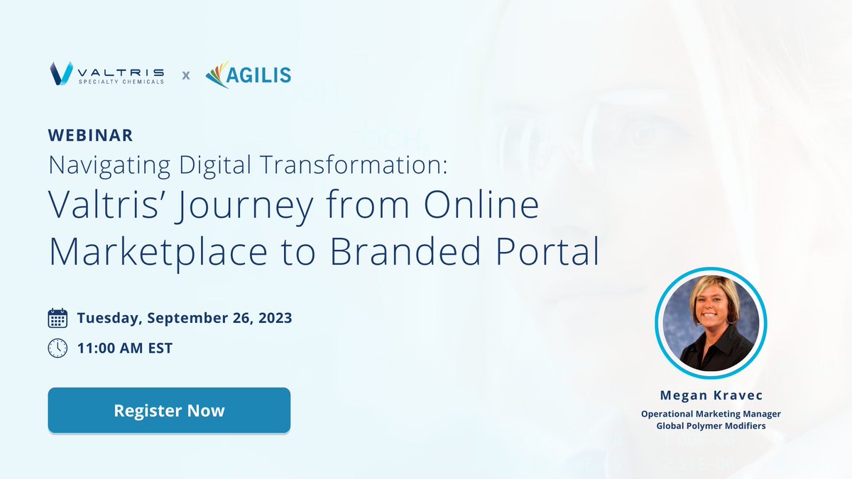 Agilis_Commerce's tweet photo. 📣 Save the date: Sept 26!

🗓️ Register for our exclusive interview with Valtris Specialty Chemicals on their remarkable digitalization journey and how they established a digital presence for their brand.

Register now: https://t.co/qCzIVdS7L8 https://t.co/39hxgR0qNC