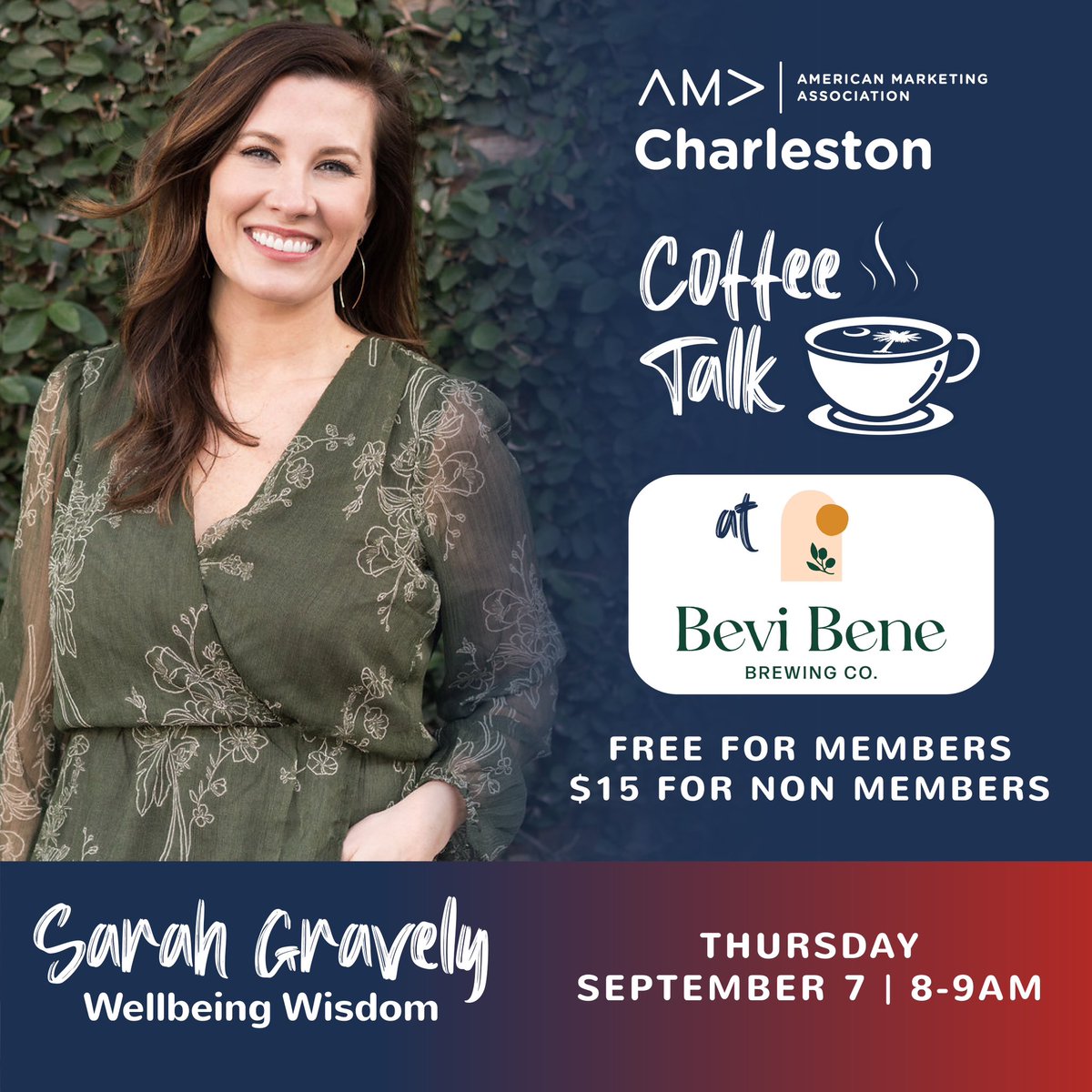 Our next coffee talk will feature Sarah Gravely of Wellbeing Wisdom!

Thursday, September 7th from 8-9 am 
1859 Summerville Avenue Ste 100, Charleston, SC 29405. (pls note the location is downtown)

Free for members and $15 for non members. 

🔗 eventbrite.com/e/ama-coffee-t…
