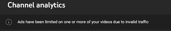 ghostboy259's tweet photo. I have been blessed to be one of many receiving the "invalid traffic" message. Meaning through no fault of my own, simply because Youtube has deemed that my videos must be getting views unnaturally, I'm about to lose a ton of ad revenue that I can never get back. https://t.co/rI6cwhUGxH