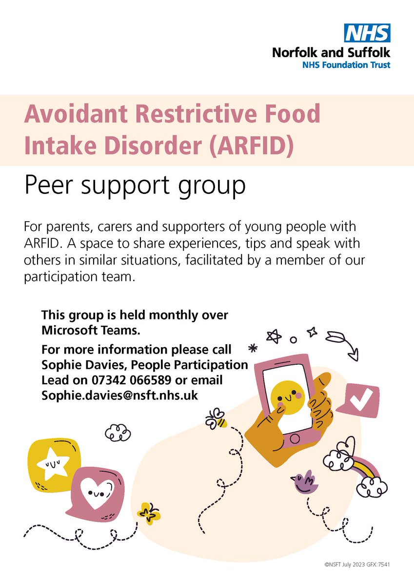 Our ARFID peer support group meet monthly and is open to parents, carers and supporters of young people with ARFID. Find out more or register your interest by emailing sophie.davies@nsft.nhs.uk