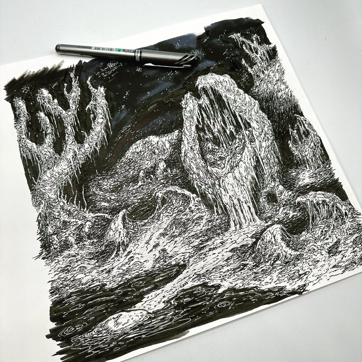 gruesomegraphx's tweet photo. No idea. some weird egg thing hatching into a primordial pool. YOLK OF CONDEMNEDMENT. Listened to alot of #decrepitbirth  last week. Done in this weird roller gel pen i found. #deathmetal #scifiart #blackandwhiteillustration #gruesomegraphx https://t.co/XMsNGkfj6O