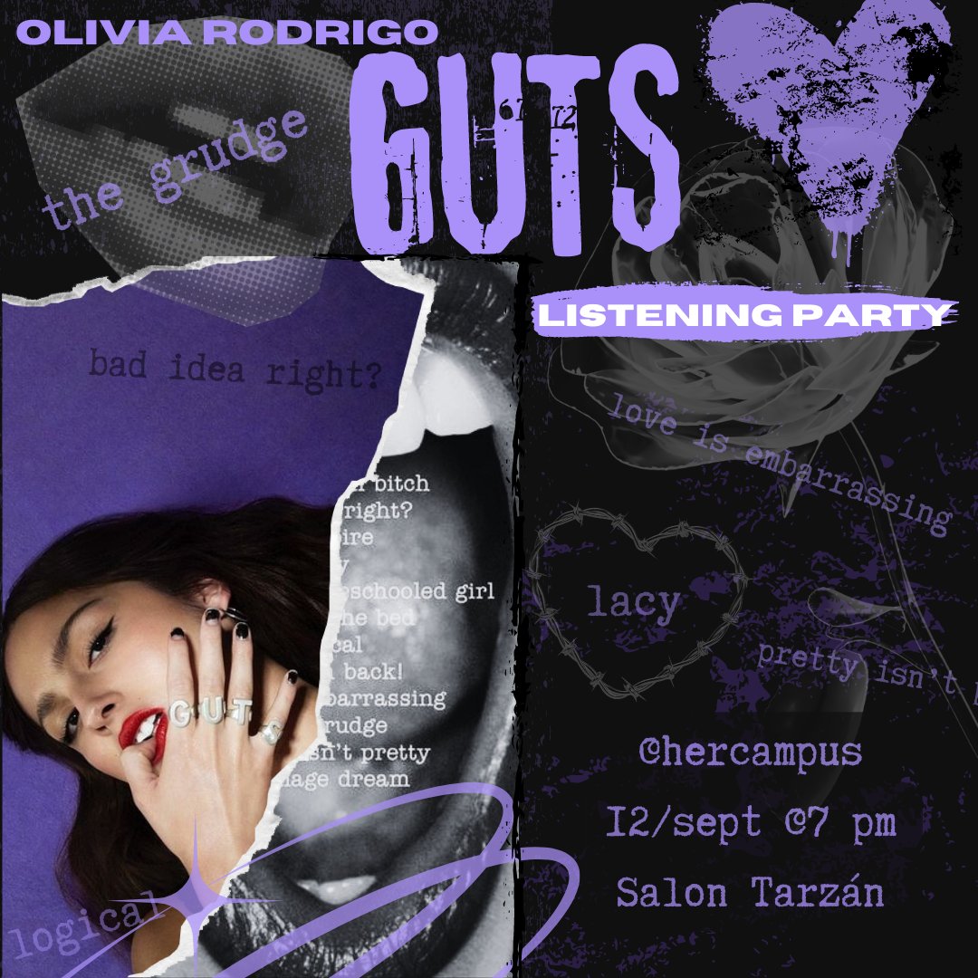 Get ready to sing your hearts out at our GUTS Listening Party! Who knows, singing about exes might just be therapeutic😉🧛‍♀️💜❤️‍🔥

Design by: Nahiara Alicea

#GutsListeningParty
