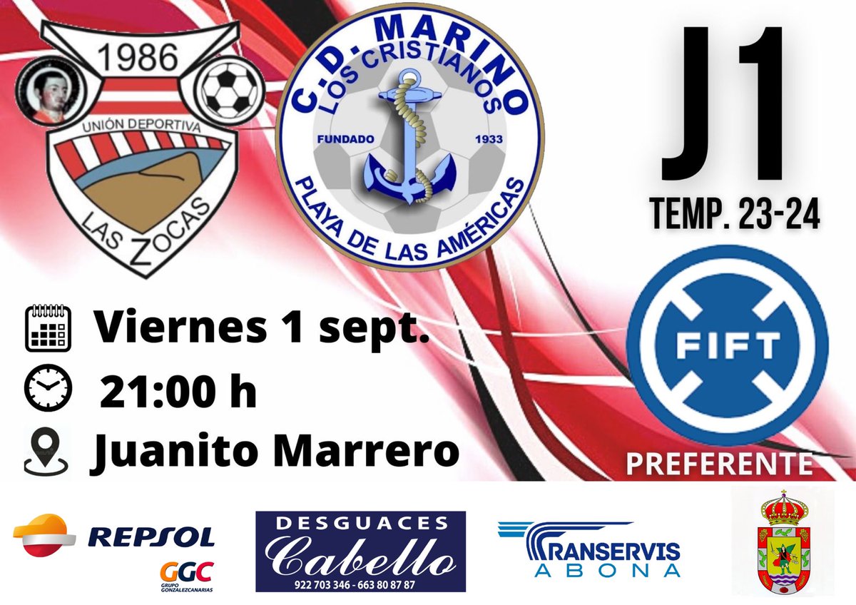 📣 Arranca La Liga ⚽️ Preferente‼️Este viernes 1 de septiembre a las 🕘 21 h visita el 🏟️ Juanito Marrero el <a href="/CDMarinoOficial/">CD Marino</a> B  ¿Te lo vas a perder? Contamos contigo!!🔴⚪️🔴⚪️
#primerequipo
#VamosRojos 
#Preferente