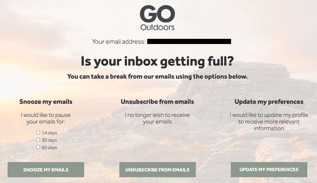 Very nice! I know some may say that you should be taken to a confirmation when clicking the unsub link but then very few brands offer these option types. One more click will see me unsubscribed, so I'm not put out and surely this helping subscriber retention. Thoughts?