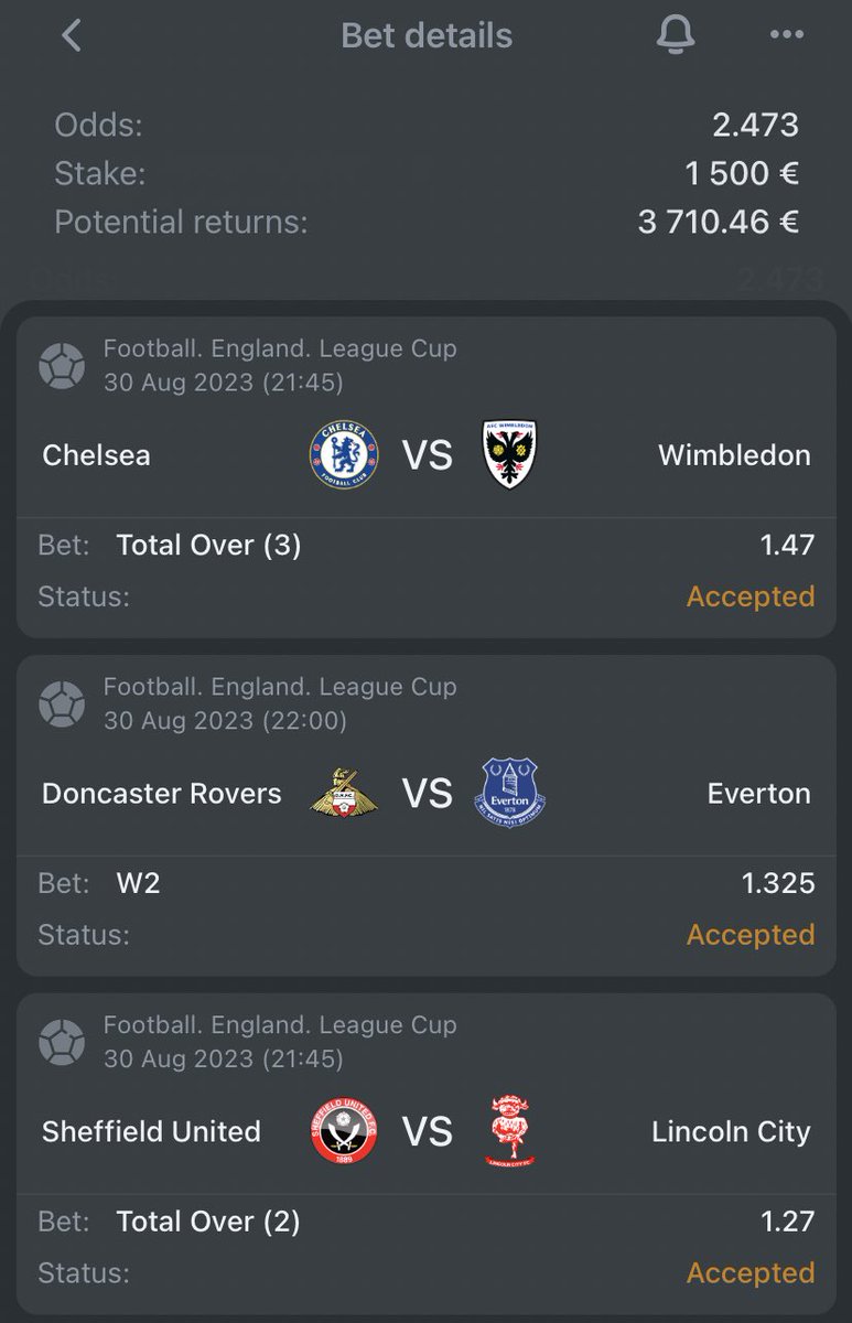 League Cup Parlay Ticket🏴󠁧󠁢󠁥󠁮󠁧󠁿🏆💰

◾️Chelsea - Wimbledon
✔️Pick: Total Over 3

◾️Rovers - Everton
✔️Pick: Everton To Win

◾️Sheffield - Lincoln
✔️Pick: Total Over 2

🏦5-7% of your bank

Free VIP is live with 3 epic tickets! ⬇️ Join us: t.me/freakx_bot 🏆🔥