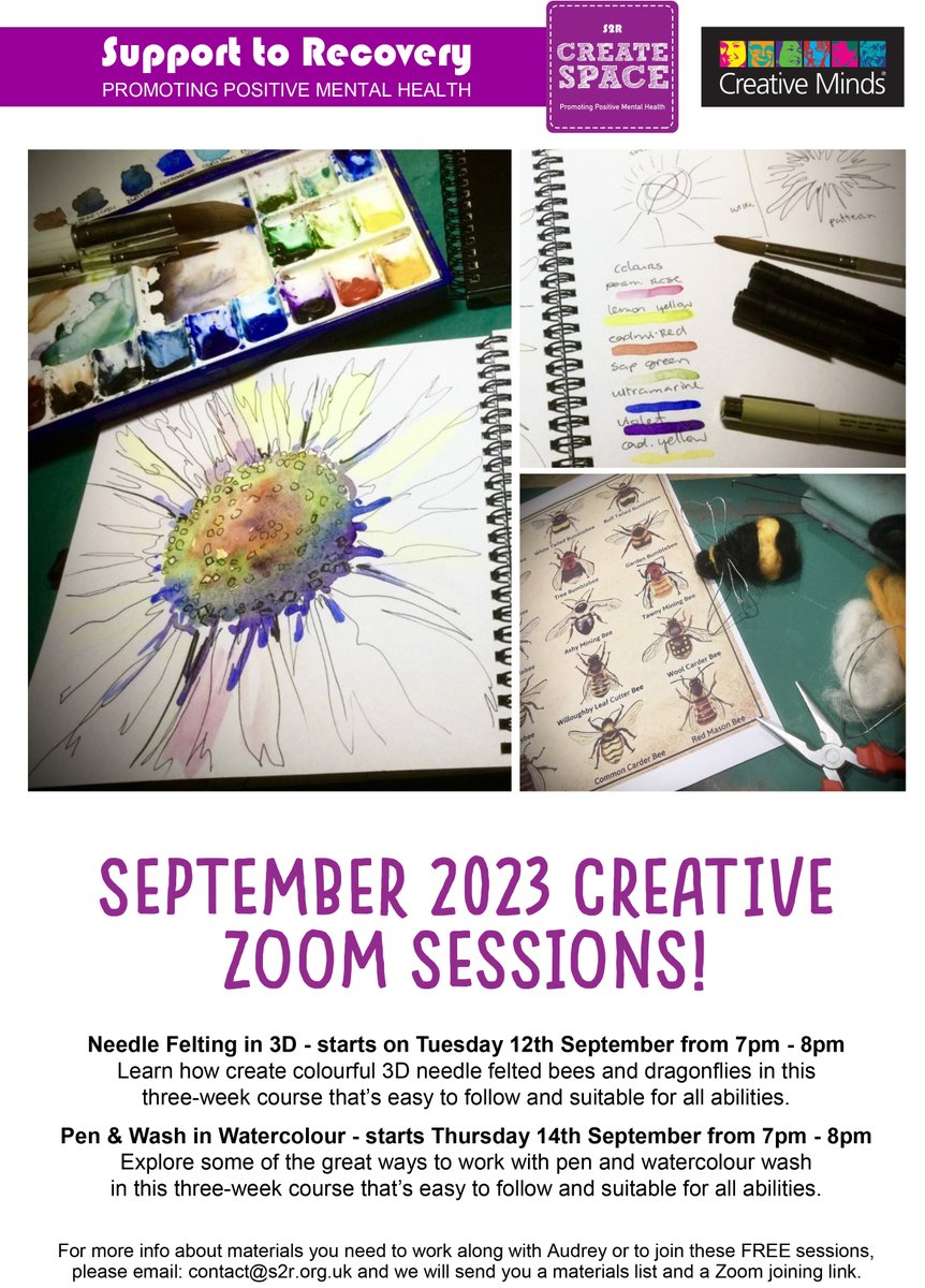 FREE creative sessions on Zoom! Email: contact@s2r.org.uk for more info &amp; joining links.
<a href="/Creat1ve_M1nds/">Creative Minds</a> <a href="/allofusinmind/">SouthWestYorkshire Partnership NHS FoundationTrust</a>
<a href="/cr8tivekirklees/">Creative Kirklees</a> <a href="/tslkirklees/">Third Sector Leaders Kirklees</a> <a href="/RecColCalKirk/">Calderdale & Kirklees Recovery & Wellbeing College</a>
<a href="/commlinksnorth/">Community Links</a> <a href="/NASPTweets/">The National Academy for Social Prescribing</a> <a href="/oc_kirklees/">One Community</a>
<a href="/RecColCalKirk/">Calderdale & Kirklees Recovery & Wellbeing College</a> @rfmentalhealth <a href="/KirkleesComPlus/">Kirklees Community Plus</a>