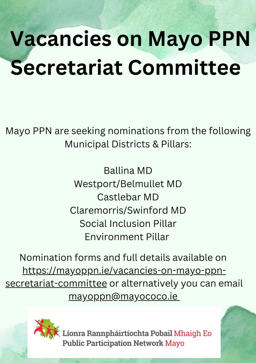 Mayo PPN are seeking Secretariat nominations. Do you know somebody in your community group that may be interested? See the information attached mayoppn.ie/vacancies-on-m… #mayoppn