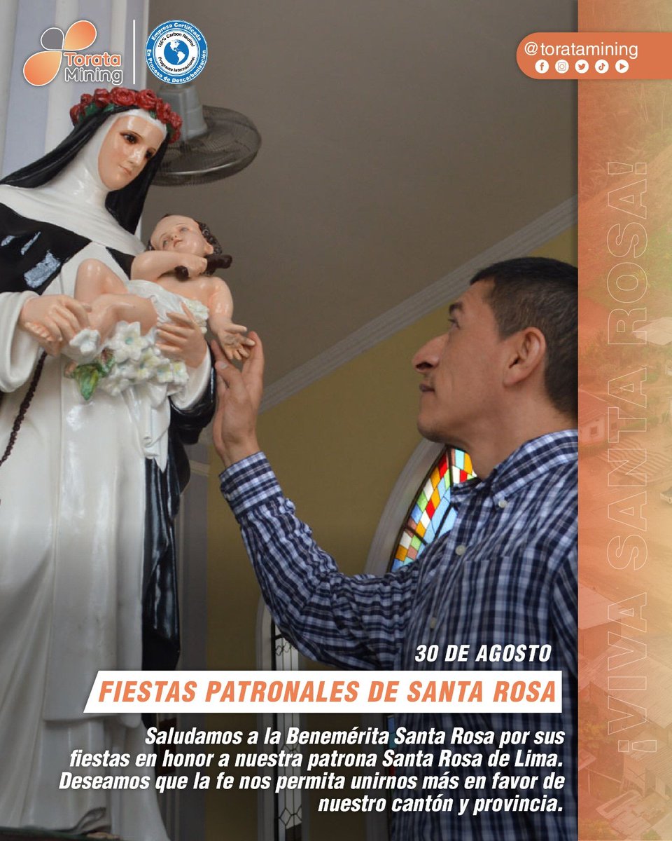 🎆 Celebramos junto a ustedes, las #FiestasPatronales de nuestro cantón en honor a #SantaRosaDeLima, patrona de todos los santarroseños 🙏. ¡Viva Santa Rosa! 🎉

#MineríaConPropósito #MineríaResponsable #Minería #Festividades #Fiestas  #SantaRosa #ElOro #Ecuador