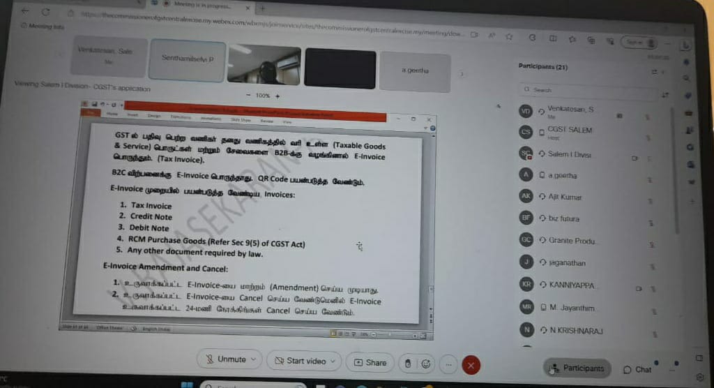 GstSalem's tweet photo. Outreach programs on e- invoice and MSME meetings were conducted by the respective Divisional Asst Commissioners of Erode, Salem and Hosur for sensitising the tax payers of Salem GST Commissionerate  through webex meeting; participated by Taxpayers, practitioners and officers. https://t.co/6QjOQWIBVi