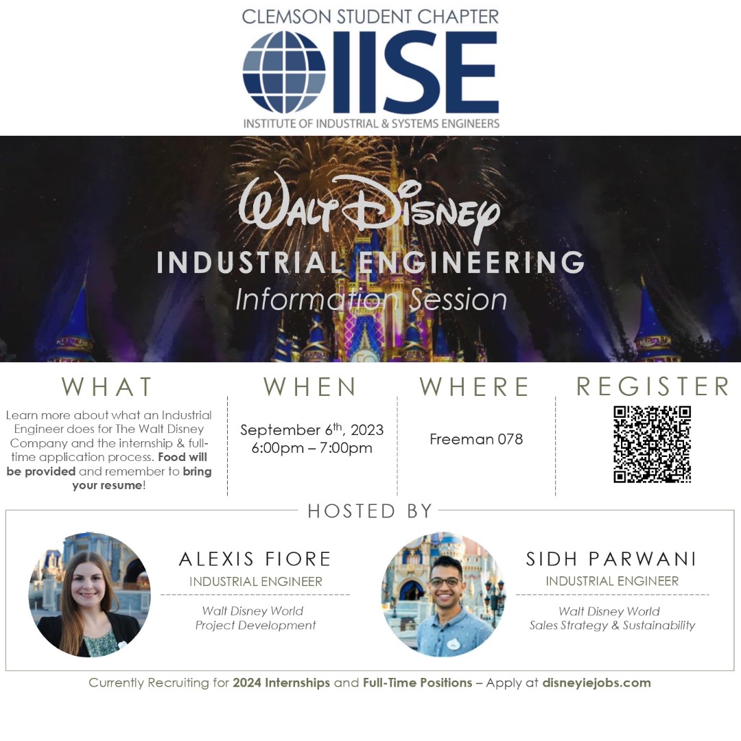 ClemsonIE's tweet photo. Next Wednesday, come to Freeman 078 at 6:00 pm to hear from two industrial engineers who work at Walt Disney World and learn about their careers and opportunities for internships and full-time positions at Disney World!

Please use the QR code to sign up before attending! https://t.co/O1aj5URjrC