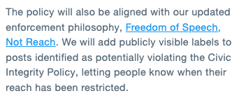 MattBinder's tweet photo. Twitter announced it will put labels on tweets that spread election misinformation...

which is exactly what the old Twitter did that many Musk fans hated

but Musk fans are once again acting like it's a genius new idea https://t.co/dvtHME8MBD