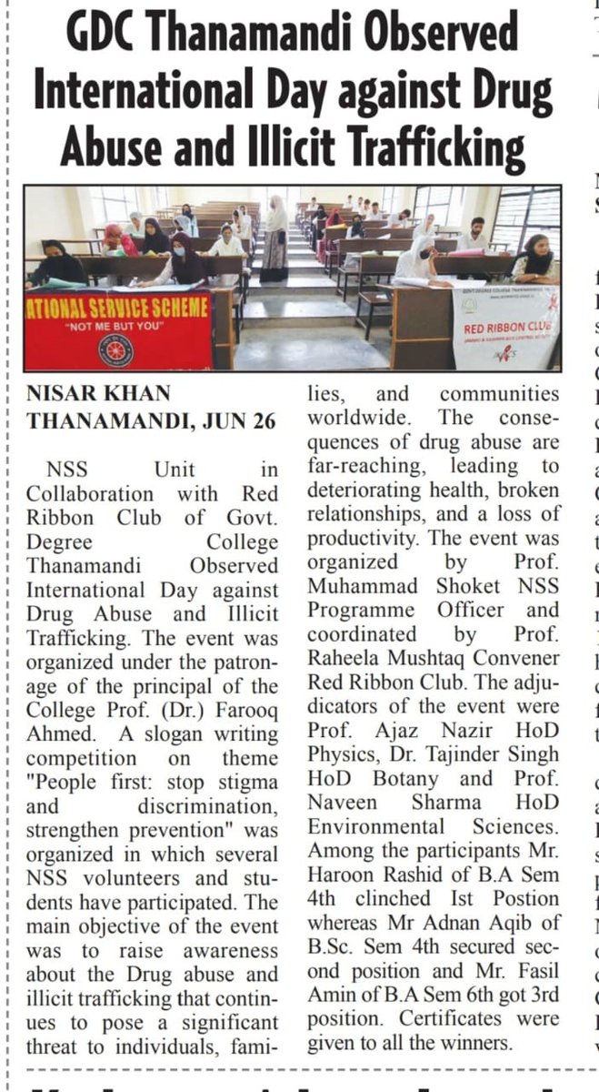 NssGdctmd's tweet photo. #NSS Unit in collaboration with Red Ribbon Club of GDC Thannamandi observed International Day Against Drug Abuse and Illicit Trafficking on 26 June 2023.
@_NSSIndia @G20_Bharat @ianuragthakur @NisithPramanik @NssrdD @OfficeOfLGJandK @NssJammu @muhammad_shoket https://t.co/W9HGf6WDlF