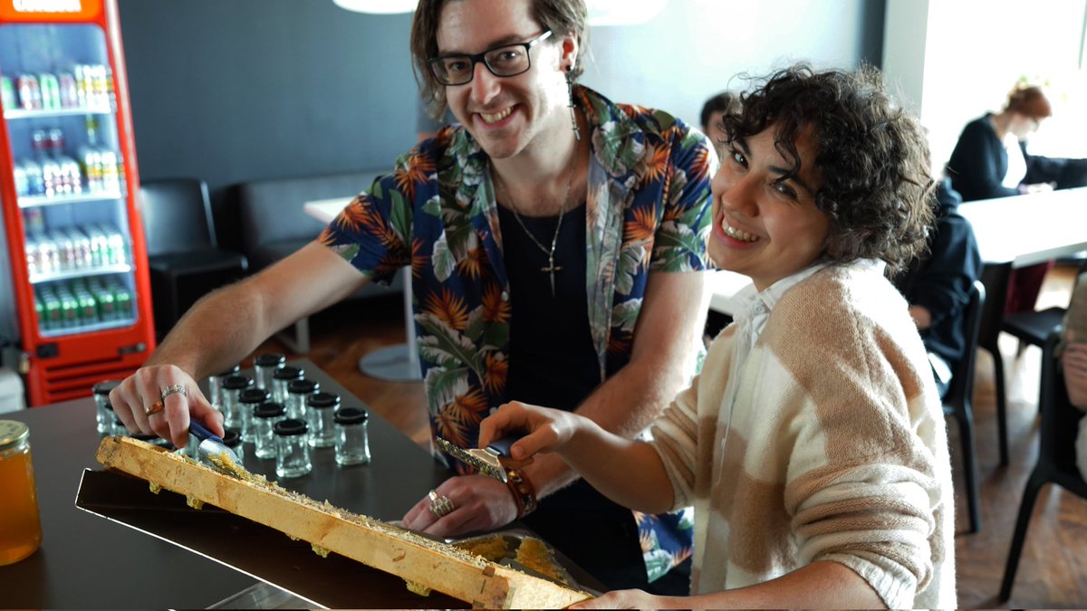 WBGamesMTL's tweet photo. Last Friday, we had the chance to have Alvéole at the studio as part of a honey harvesting workshop from our very own hives!
As a bonus, everyone was able to go back home with a little jar of homemade honey 🍯
Thanks again to Alvéole for this enriching activity! 🐝 https://t.co/7K5Hip1oIG