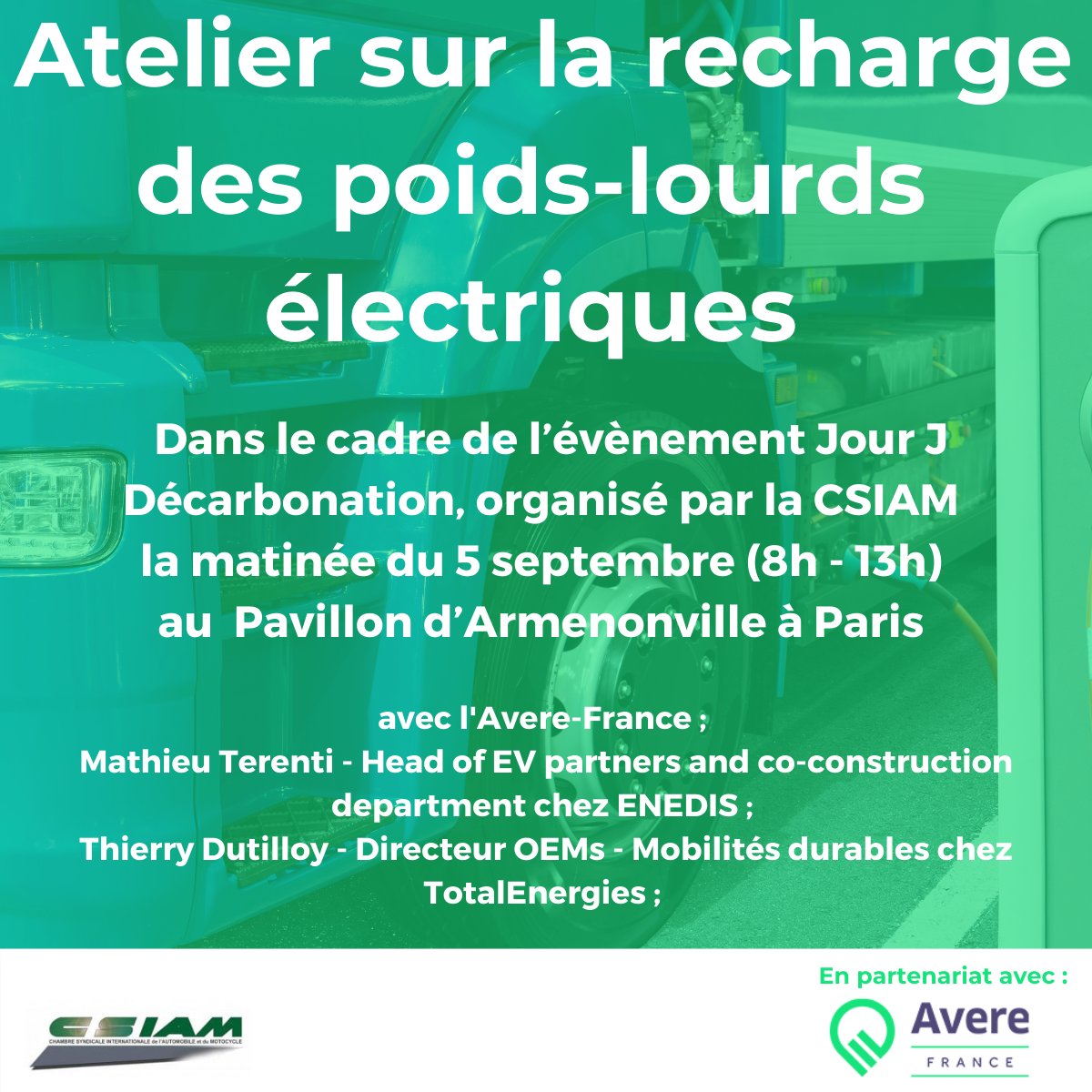 AvereFrance's tweet image. [Evènement]
L&apos;Avere-France sera partenaire de &quot;Jour J Décarbonation&quot;, un événement organisé par la #CSIAM le 5 septembre (8h - 13h) au Pavillon d’Armenonville, à Paris ⚡️