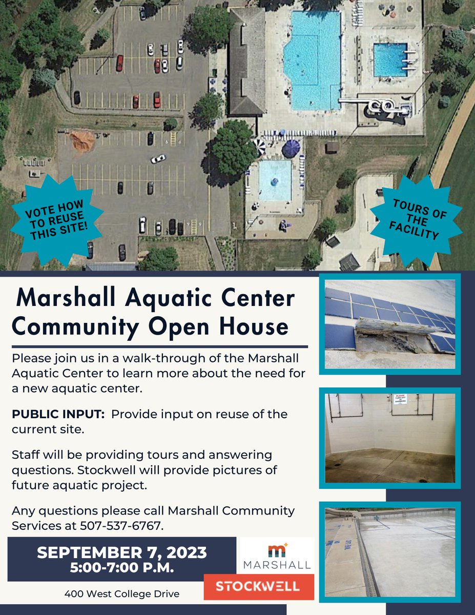 Please join us in a walk-through of the Marshall Aquatic Center on September 7th from 5:00-7:00 PM to learn more about the need for a new aquatic center and provide input on reuse of the current site. Staff will be providing tours and answering questions.