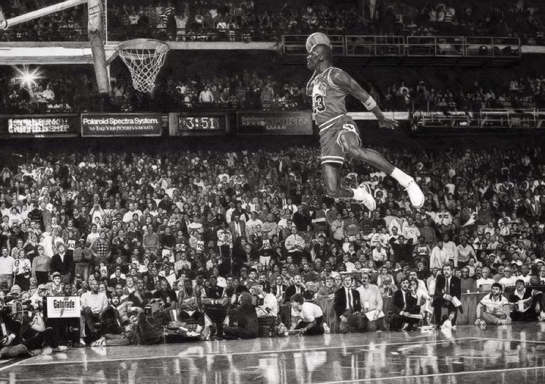 This pencil *hand drawing* of Michael Jordan dunk from 1987 took 250 hours to complete