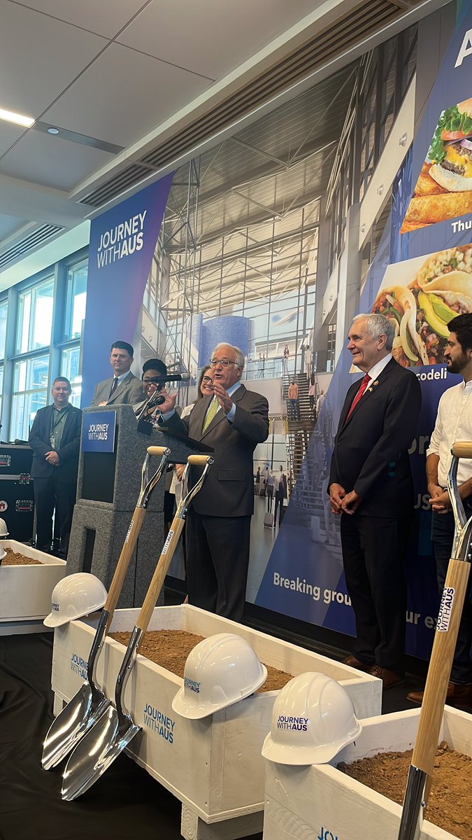 AustinAirport's tweet photo. We’re welcoming to the terminal special guests @RepLloydDoggett, @RepCasar and @KirkPWatson - thank you for joining us on our special day ✈️ Let’s break ground on this West Gate Expansion already 👏🏼👏🏼👏🏼 https://t.co/KKkRVhERXM