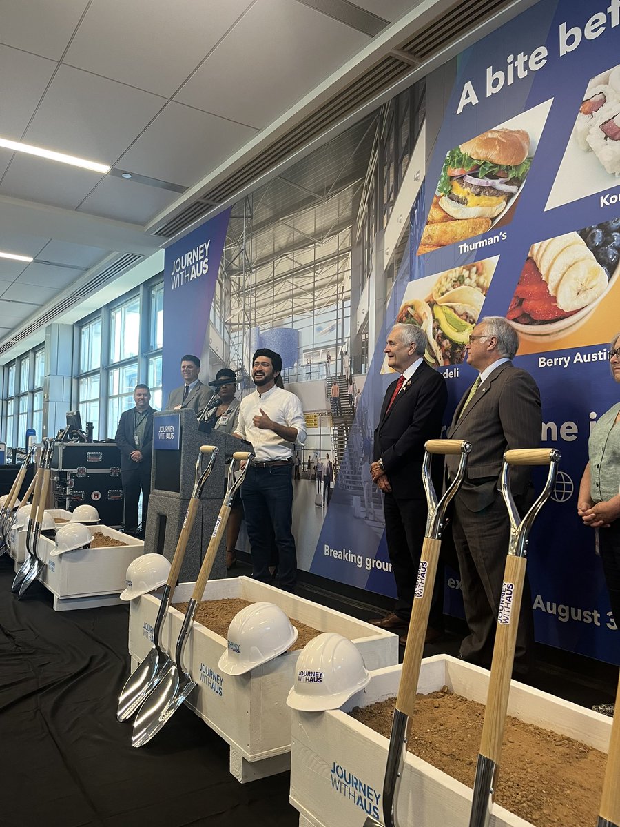 AustinAirport's tweet photo. We’re welcoming to the terminal special guests @RepLloydDoggett, @RepCasar and @KirkPWatson - thank you for joining us on our special day ✈️ Let’s break ground on this West Gate Expansion already 👏🏼👏🏼👏🏼 https://t.co/KKkRVhERXM