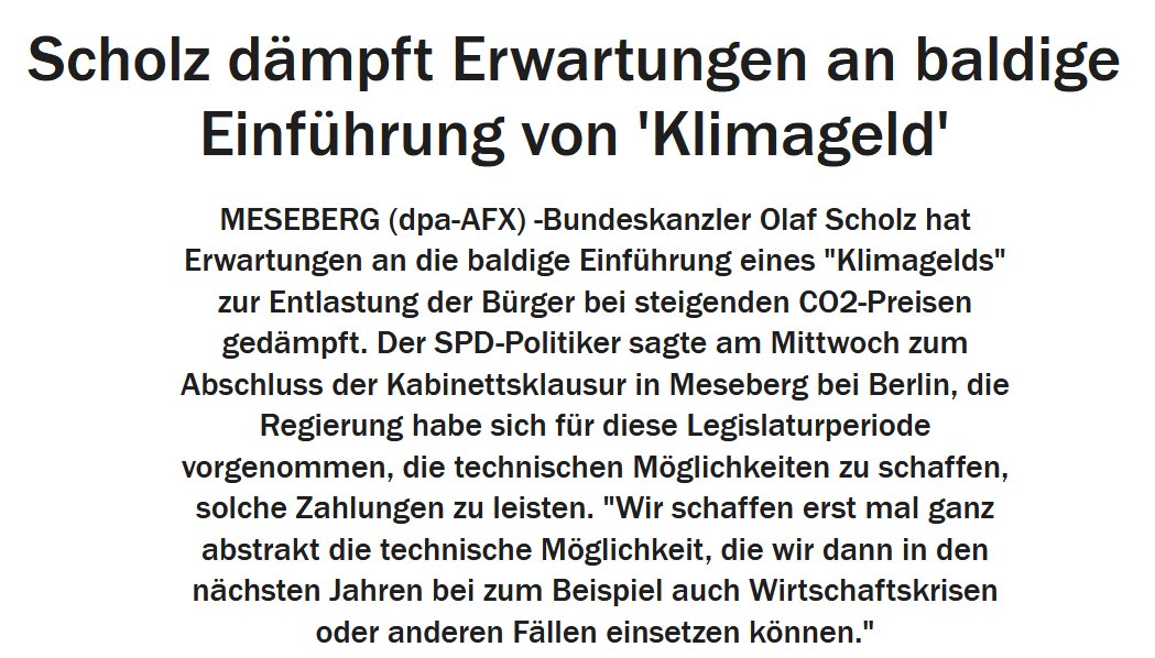 #Meseberg: Das #Klimageld muss weiter warten... Dass es technisch schwierig ist, haben wir nun schon oft gehört (und als <a href="/MCC_Berlin/">MCC Berlin</a> &amp; <a href="/AriadneProjekt/">Kopernikus-Projekt Ariadne zur Energiewende</a>  Lösungen aufgezeigt, zb über die Familienkasse). Schade, dass ein so gutes Konzept so verschleppt wird handelsblatt.com/dpa/scholz-dae…