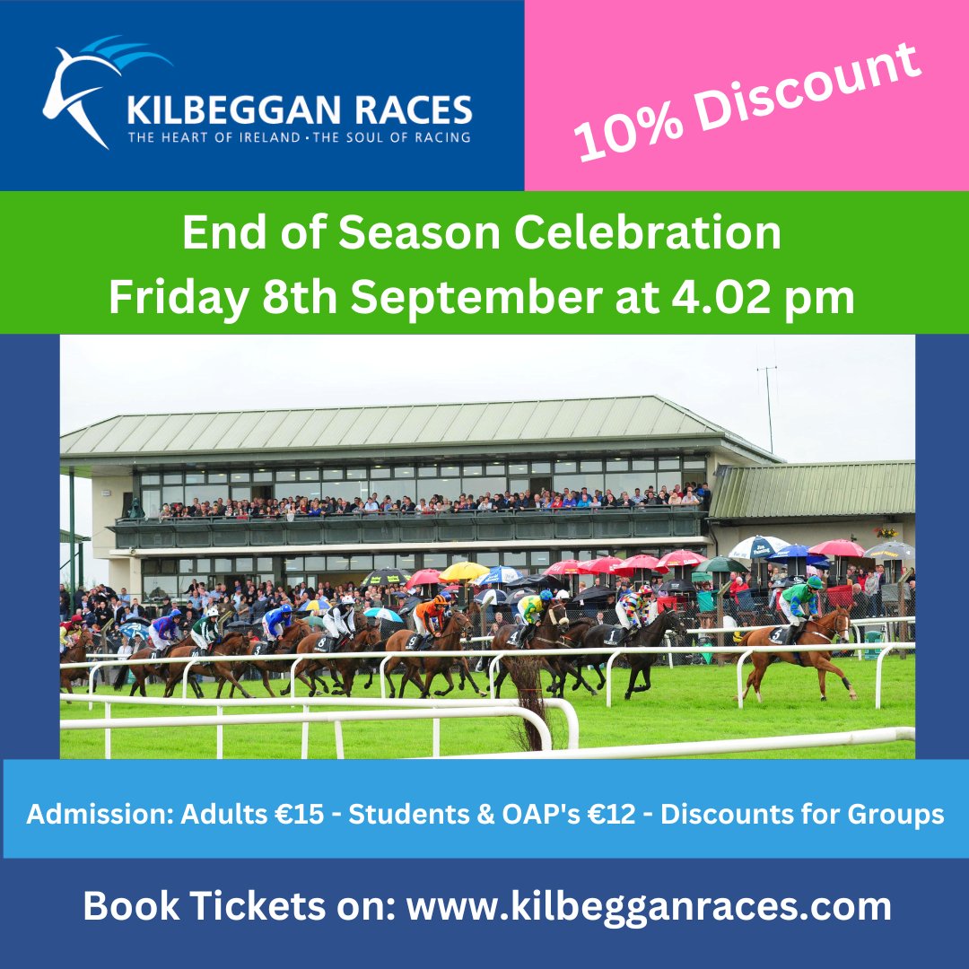 Book Tickets, 10% Discount on: kilbegganraces.com/book-tickets/?…
Admission Adults: €15, Special Discount for Groups.
Offer ends on 7th of September. <a href="/HRIRacing/">Horse Racing Ireland</a> <a href="/KilbegganRaces/">Kilbeggan Races</a>