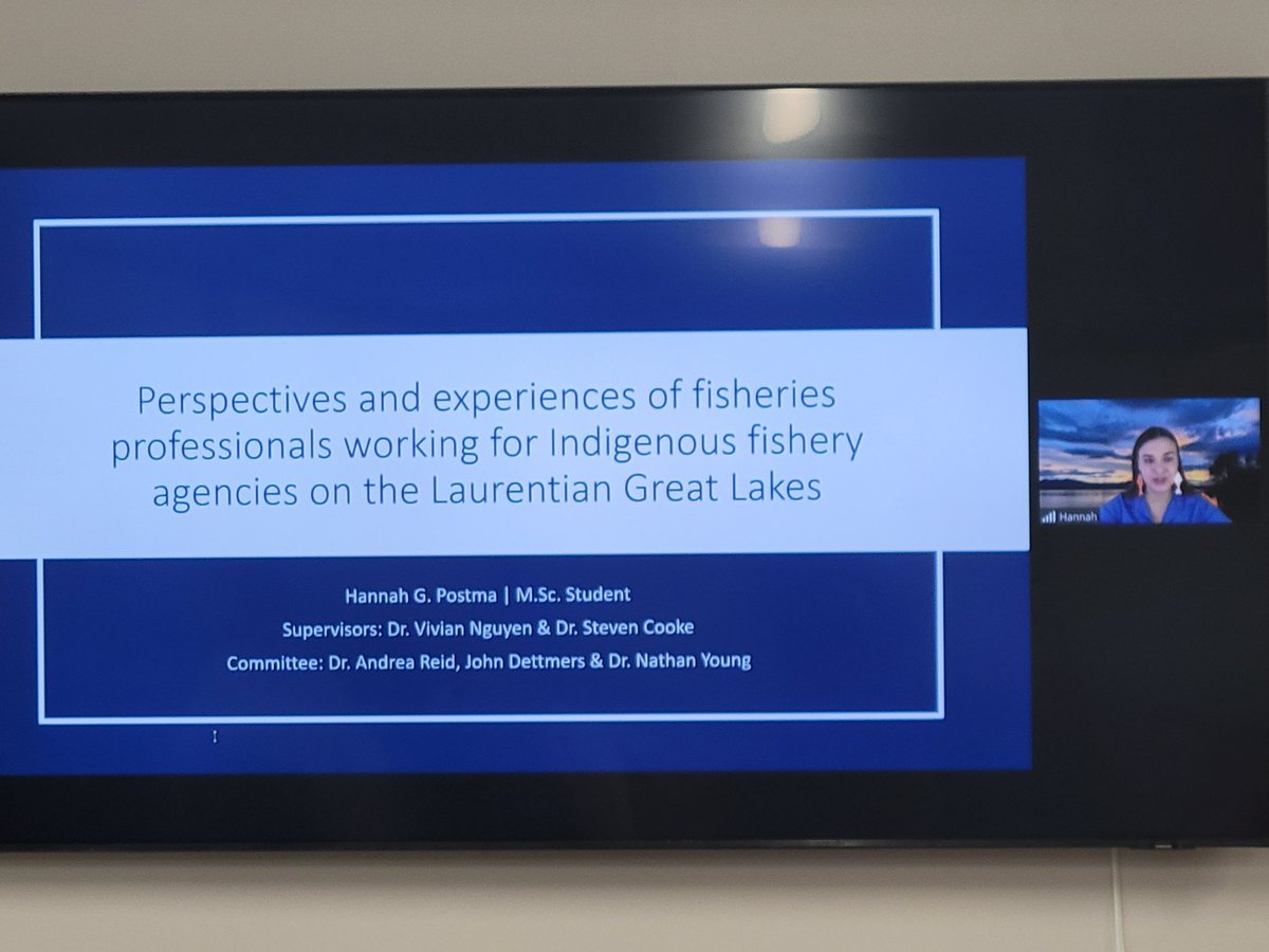 Hannah Postma from @Carleton_U presents MSc seminar on roles of Indigenous fisheries agencies & orgs in fisheries mgmt in Great Lakes. Funded by @LampreyControl. Co-mentored by @vivmn + the 3Is team at @UBCoceans. @scas_scsa