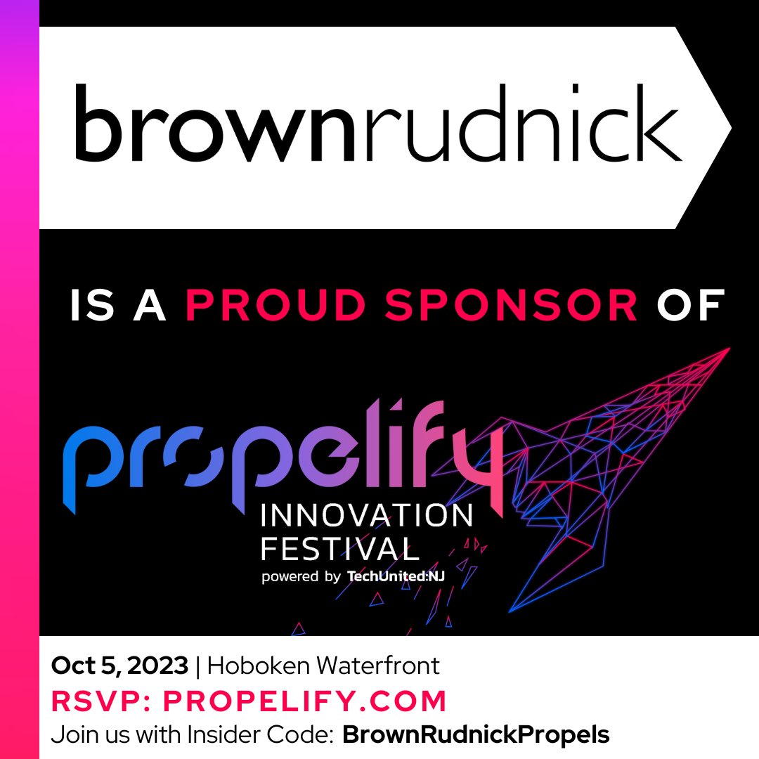 Innovation knows no bounds, and neither does @BrownRudnickLLP! Proud sponsors of @propelify 2023 on Oct 5th, they've been a driving force behind countless tech success stories. Secure your spot at propelify.com #LetsPropel #TechUnitedNJ #StartupSuccess #Tech