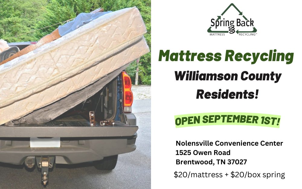 ♻️Did you know?♻️
Starting September 1st, Williamson County residents can recycle mattresses and box springs in partnership with Spring Back Mattress Recycling. Together we can make a positive impact in our community!

#nolensvilletn #nolensvilletenn  #williamsoncounty