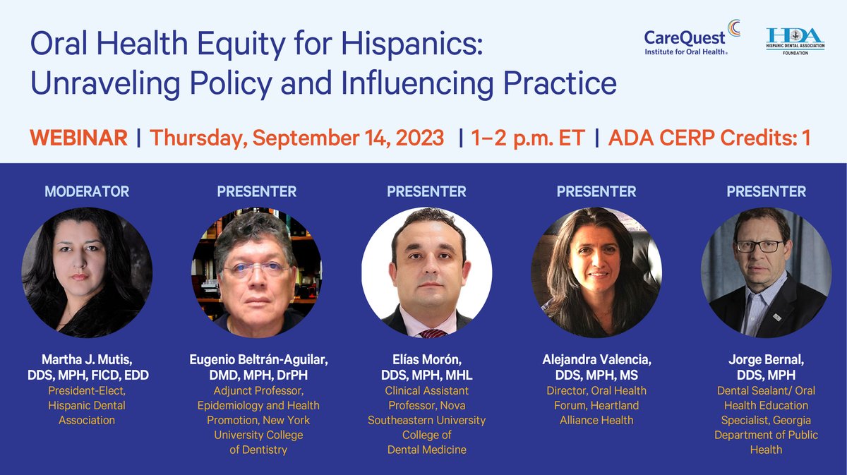 CareQuestInst's tweet photo. Join us on September 14 to explore the current landscape of Hispanics' #oralhealth and findings from a new white paper from @HDAssoc and CareQuest Institute. Our expert panel will also highlight integrating community voice into future discussions. https://t.co/w2QOOuVxKt https://t.co/MJD99sekq1
