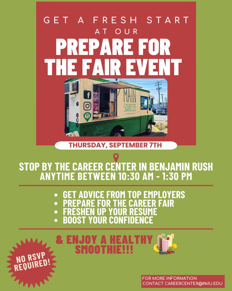 It's almost time to get #CareerReady! Join us at the #Prepareforthefair event on 9/7!
 
🗓️9/7/23 
⏰10:30 AM-1:30 PM  
📍Benjamin Rush Center 
 
Remember to register for the #Fall2023CareerFair➡️ conta.cc/3PeiUlB 
  
#PreparefortheFair #FreeSmoothies #CareerReady