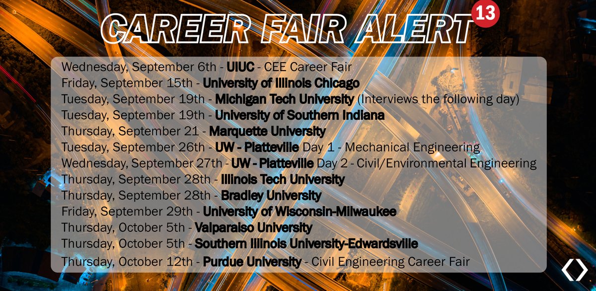 Clark Dietz will be attending thirteen career fairs throughout September and October. More details for the upcoming Fall 2023 career fairs will be announced in the coming weeks. 

#EngineeringQualityofLife #CareerFairs #Fall2023CareerFairs