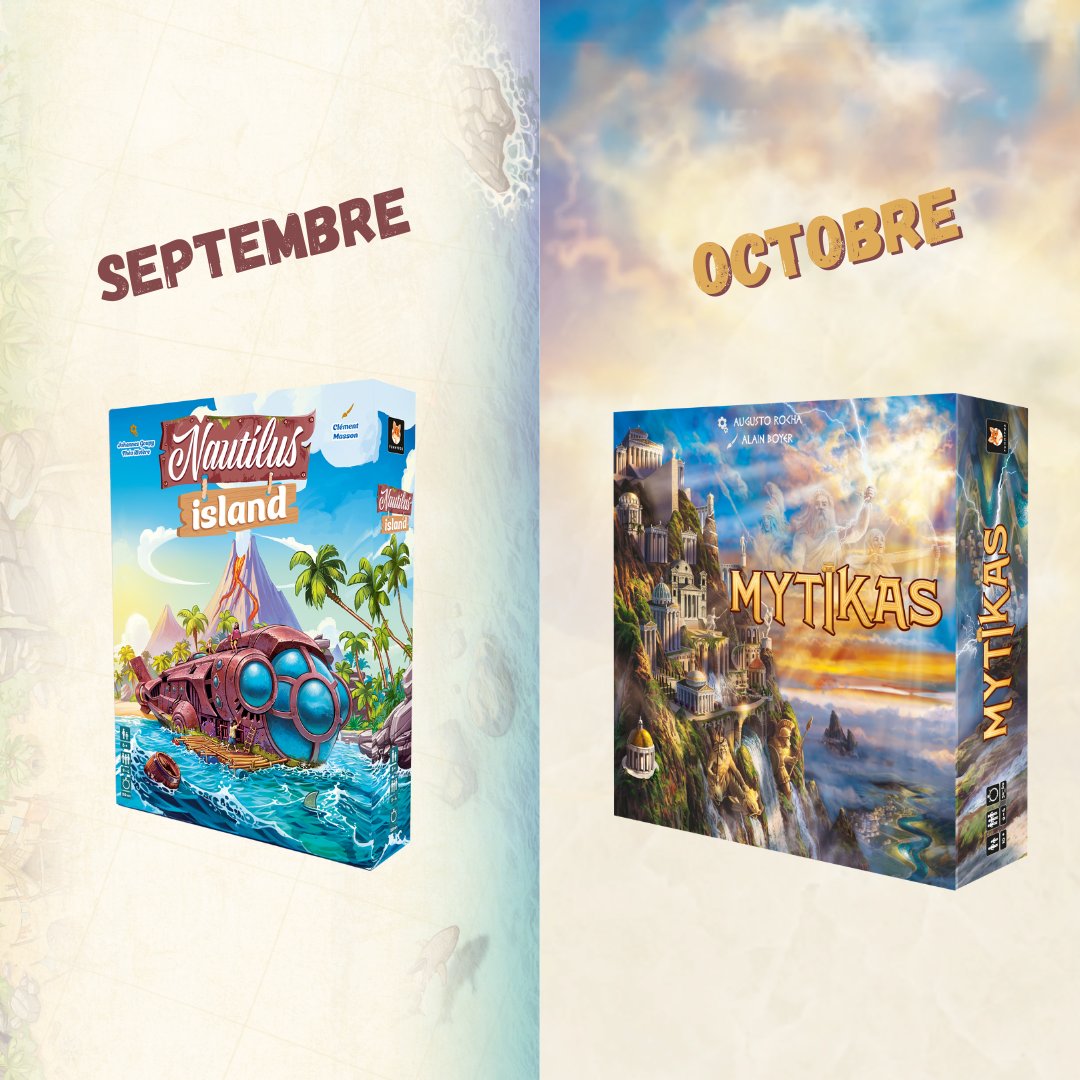 La rentrée approche avec deux belles sorties #J2S Funnyfox !

🌴 Nautilus Island de Johannes Goupy et @Theo_Sacha sera disponible dès vendredi dans votre boutique préférée.

🗻 Mytikas d'Augusto Rocha est en approche également pour Essen !