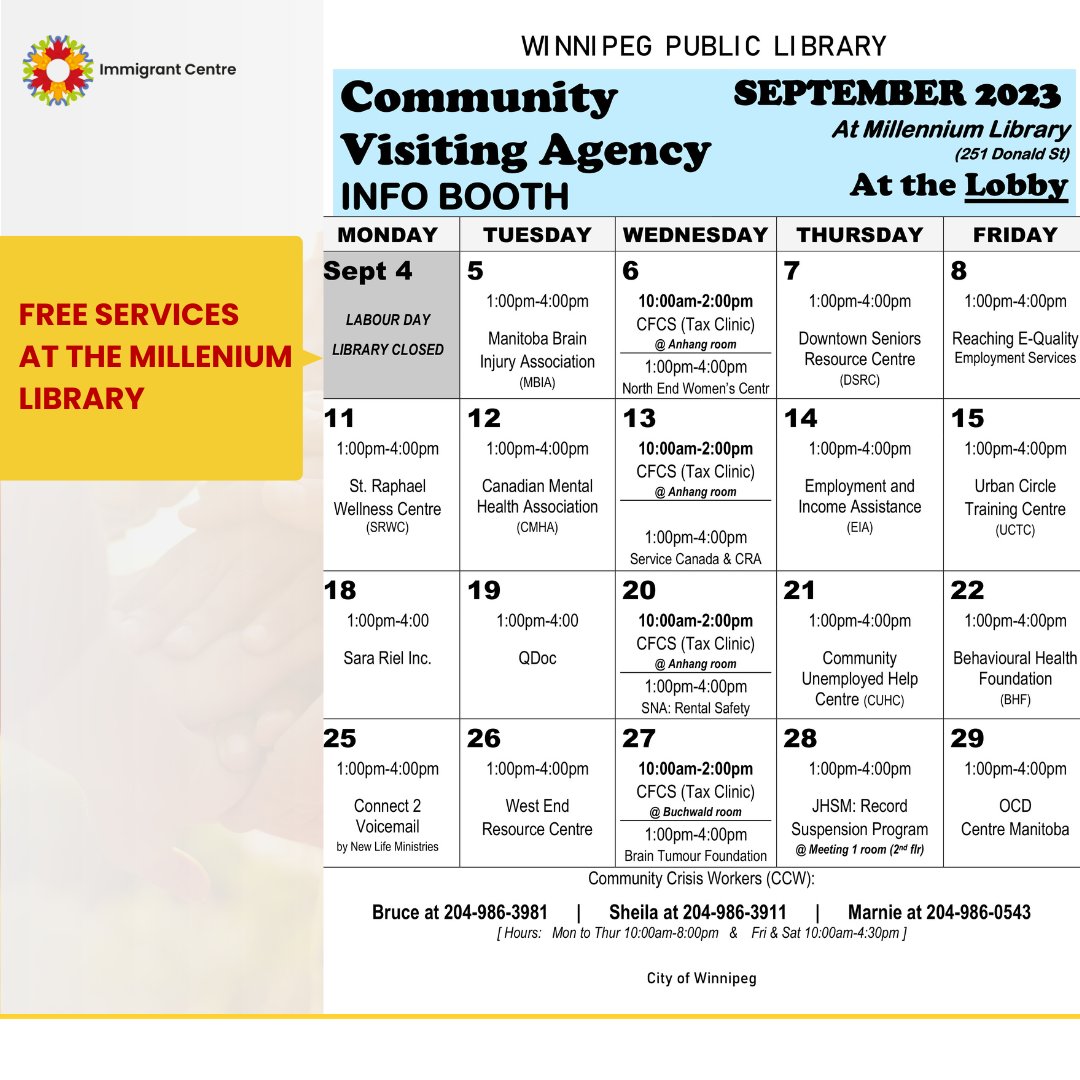 icmanitoba1's tweet photo. Attention community! Several visiting agencies will offer free services at the Millenium Library this September.
Here is their calendar.
#milleniumlibrary
#freeservices
#winnipeg https://t.co/uKbRRaLGJM